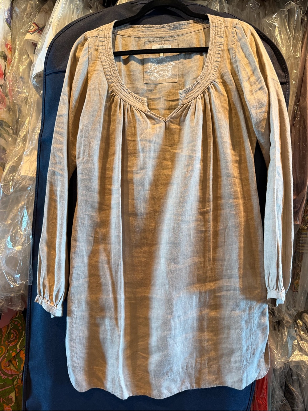 Dept Paradise Found Linen Women's Long-Sleeve Peasant Dress in Beige Small